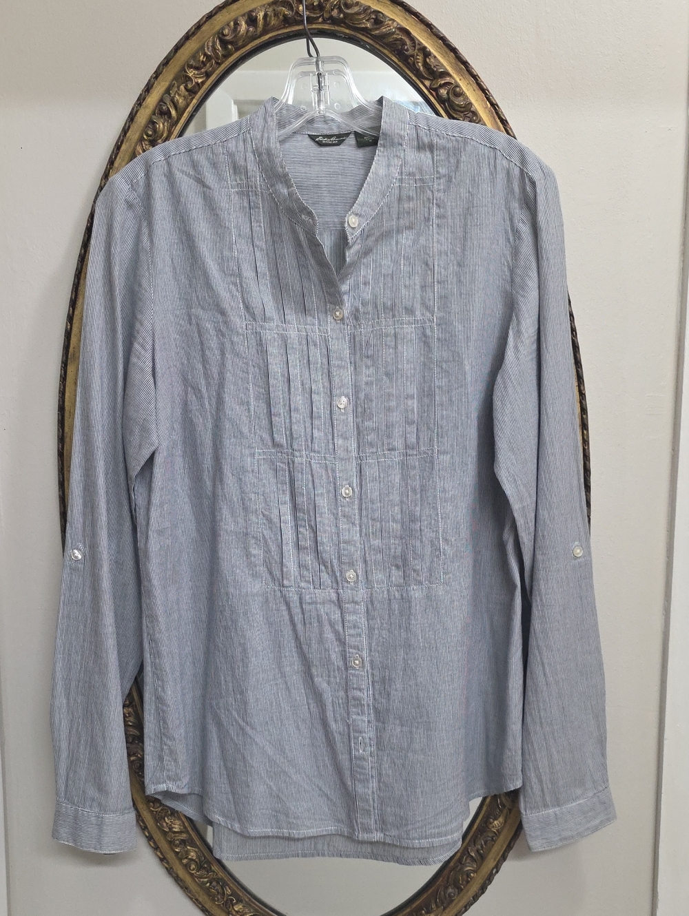 Eddie Bauer Womens Gray White Pintuck Button-Down Shirt Long Sleeve Size M